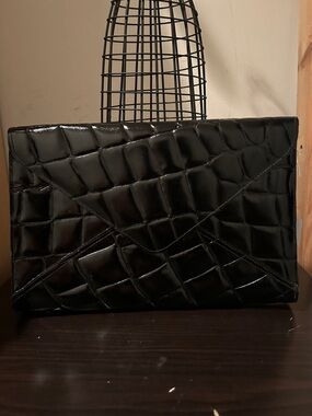 Black Croc-Embossed Envelope Clutch